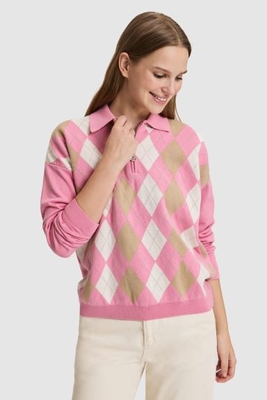Kadın Pembe Yarım Fermuarlı Polo Yaka Regular Fit %100 Pamuk Triko Kazak