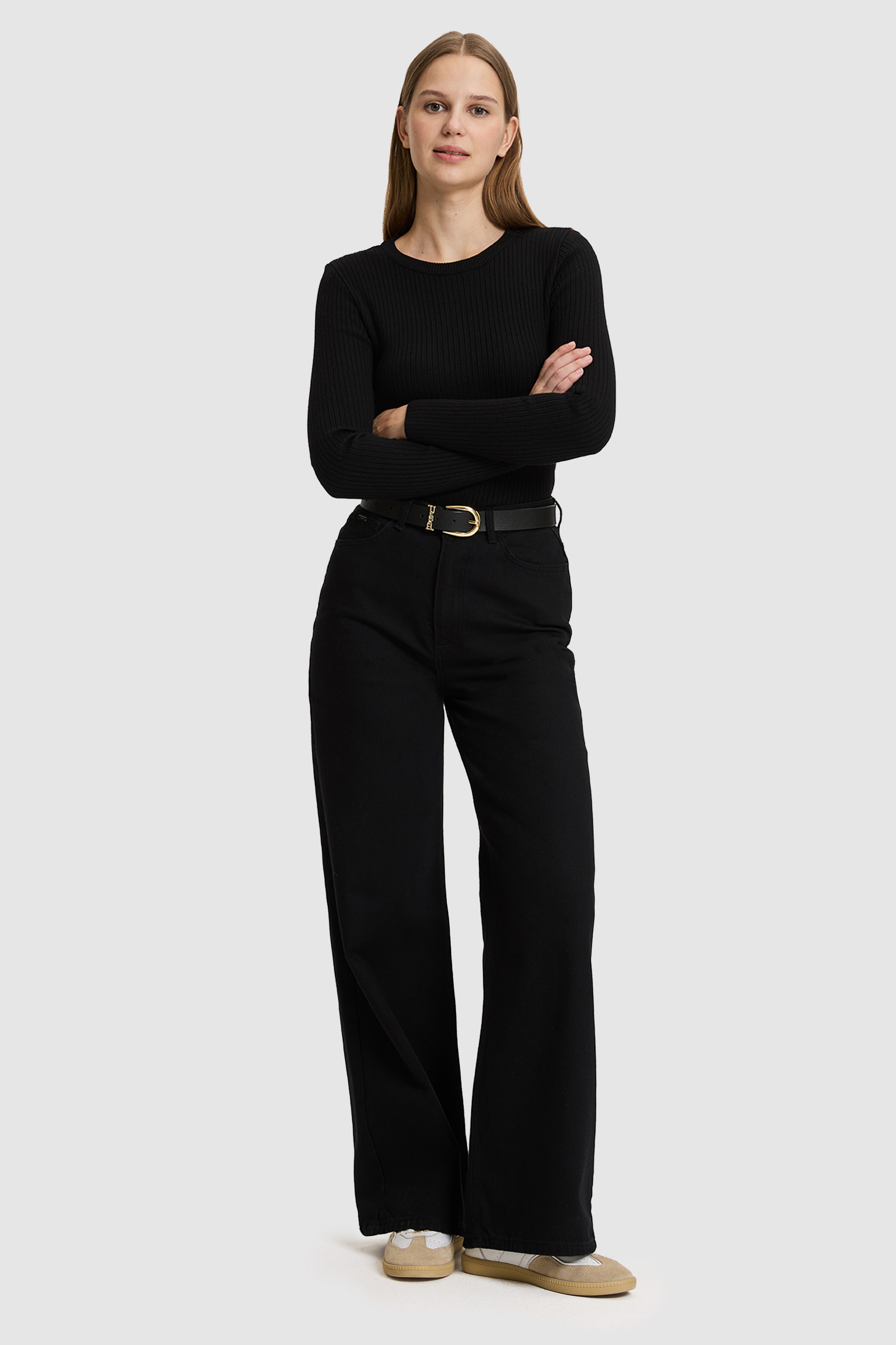 Kadın Siyah Fitilli Bisiklet Yaka Slim Fit Triko Kazak