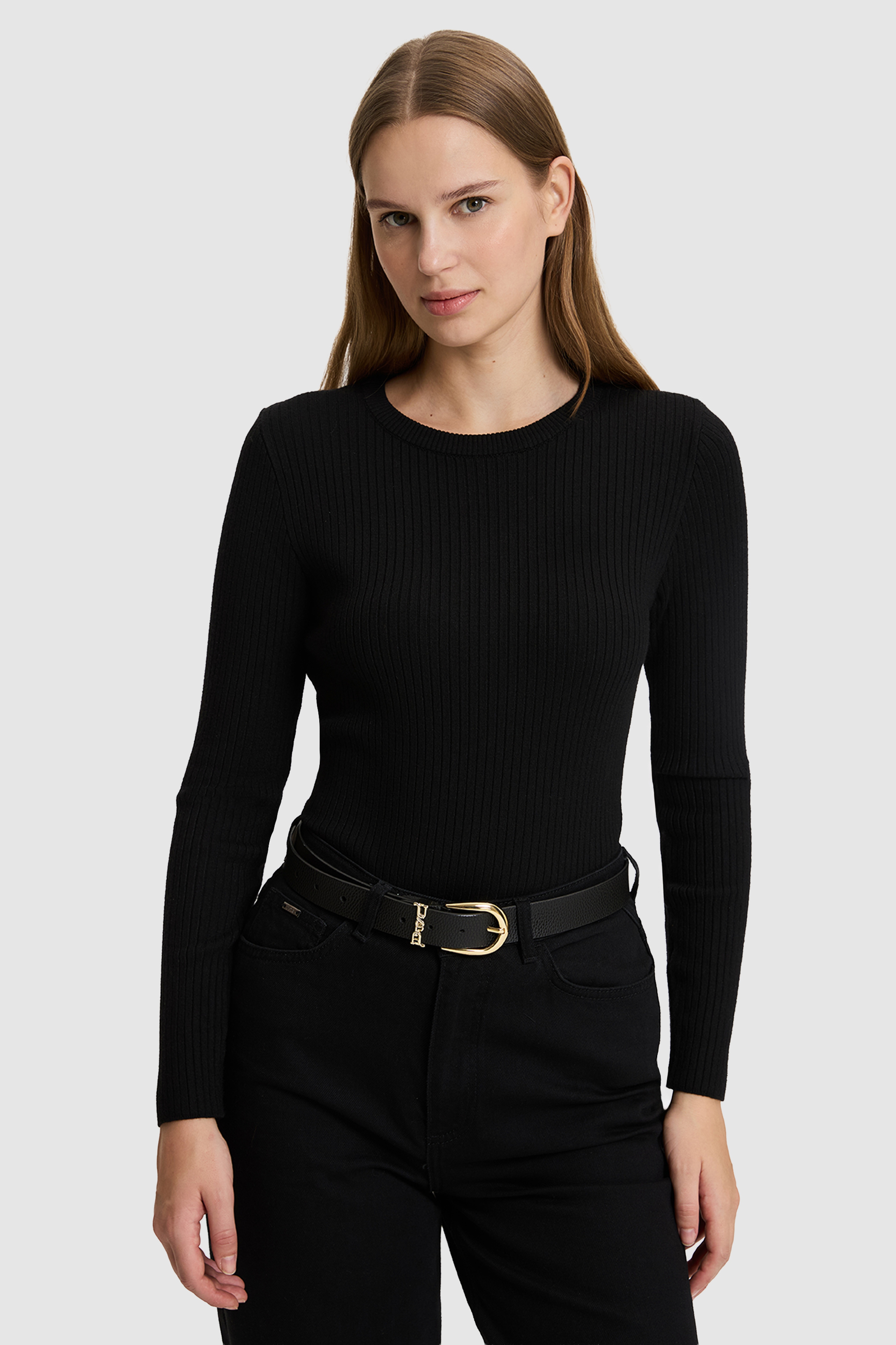 Kadın Siyah Fitilli Bisiklet Yaka Slim Fit Triko Kazak - Image 1