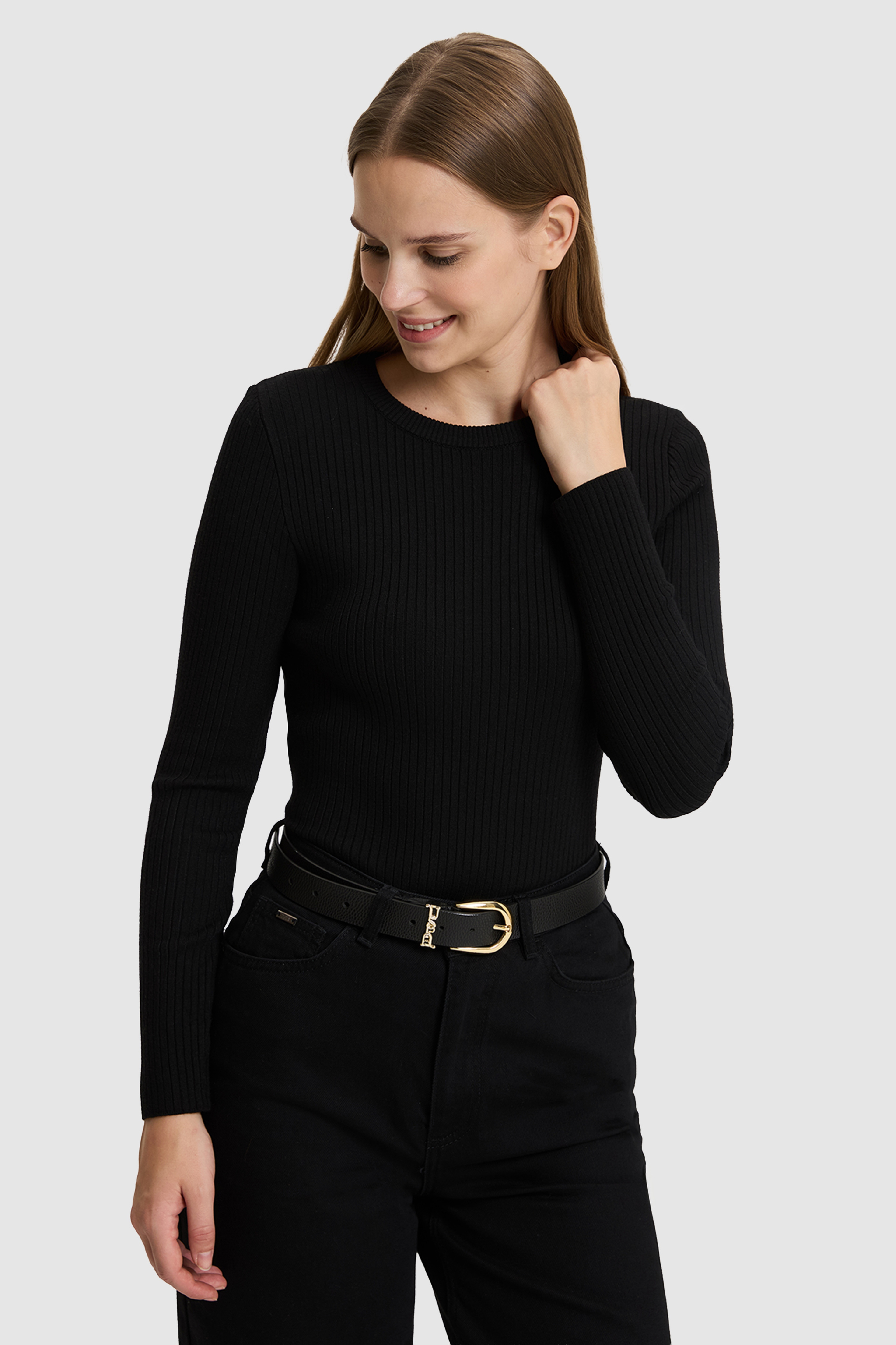 Kadın Siyah Fitilli Bisiklet Yaka Slim Fit Triko Kazak - Image 3