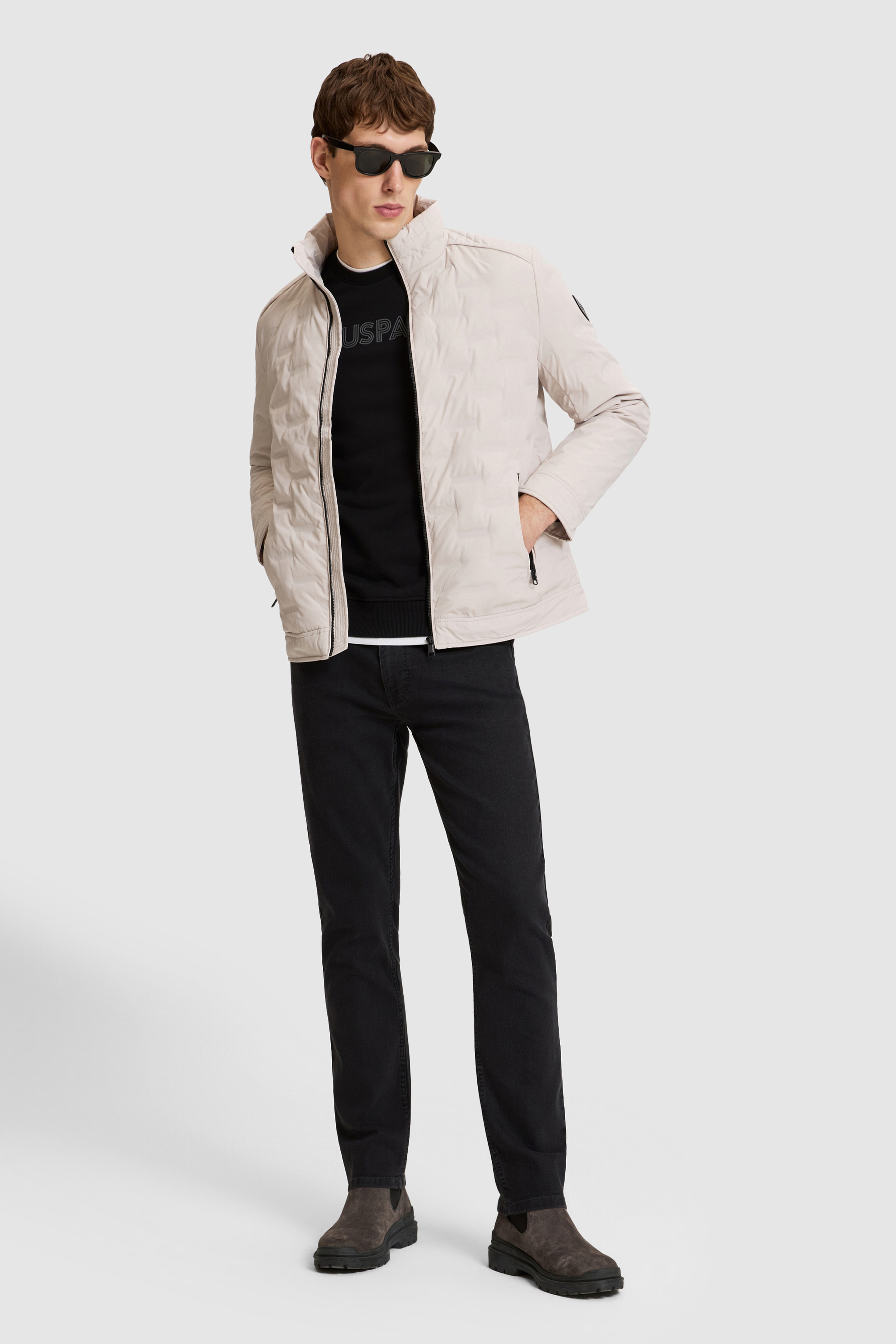 Erkek Taş Dik Yaka Fermuarlı Cepli Kabartmalı Mont