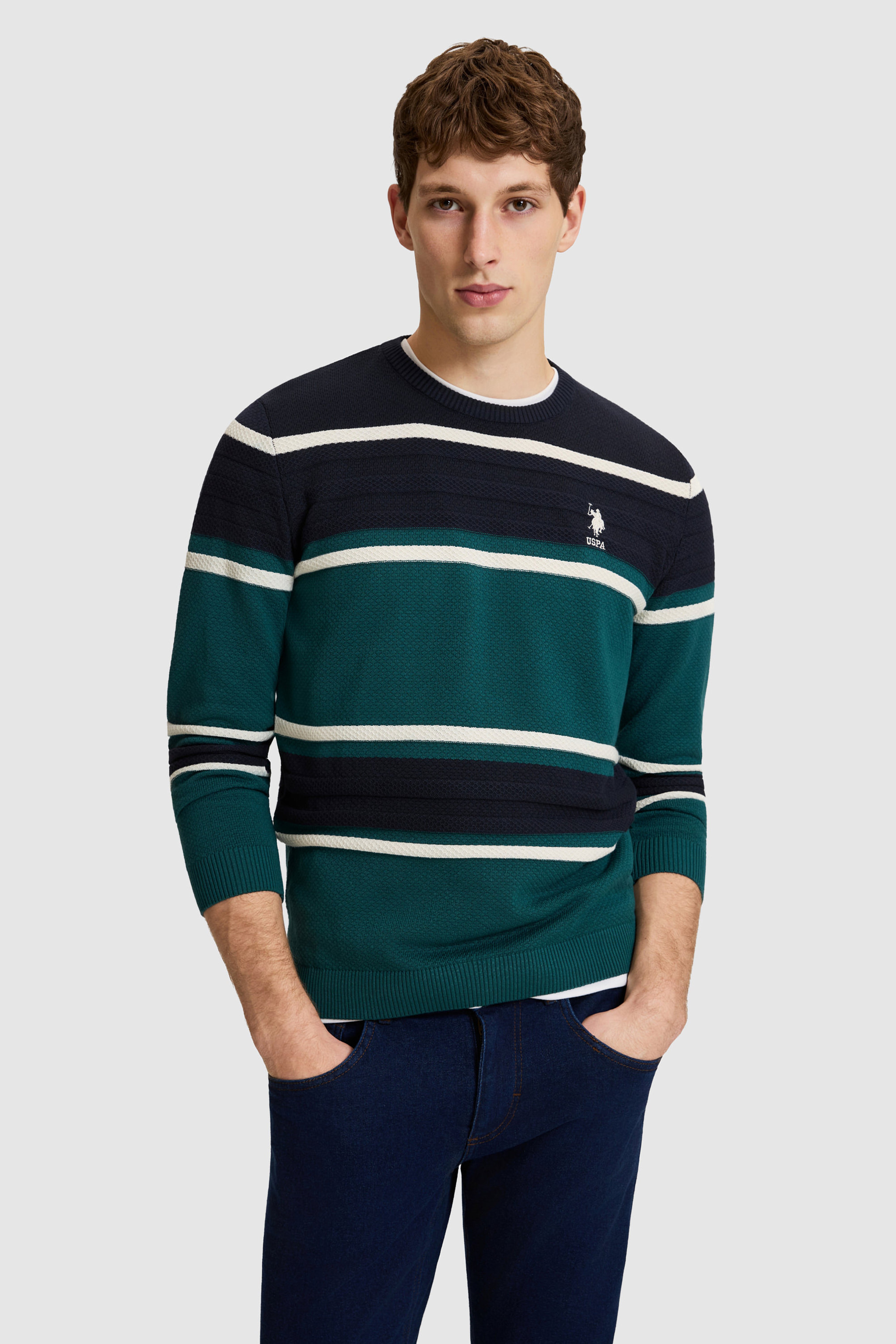 Erkek Yeşil Bisiklet Yaka Comfort Fit Çizgili Kazak - Image 1