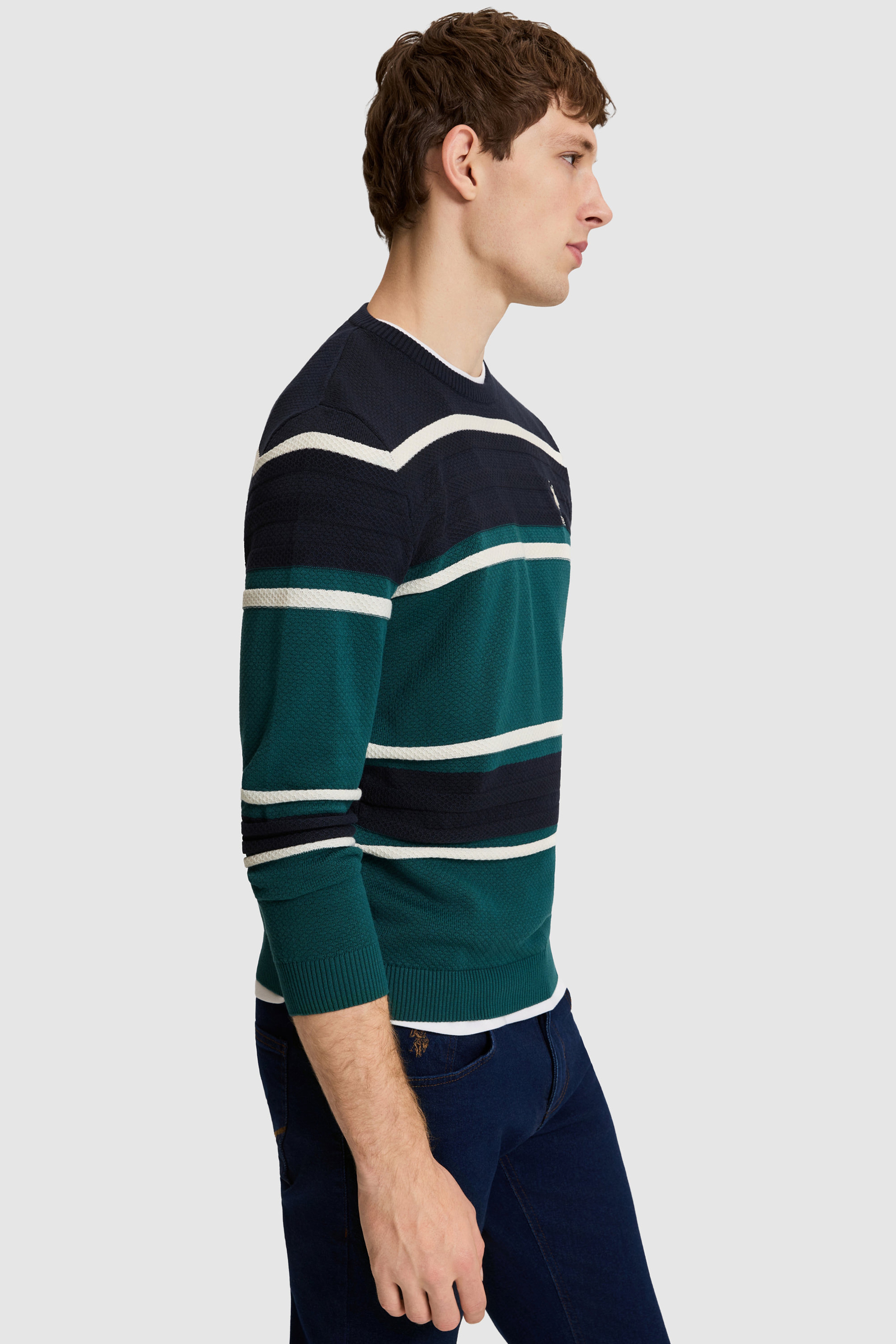 Erkek Yeşil Bisiklet Yaka Comfort Fit Çizgili Kazak - Image 3