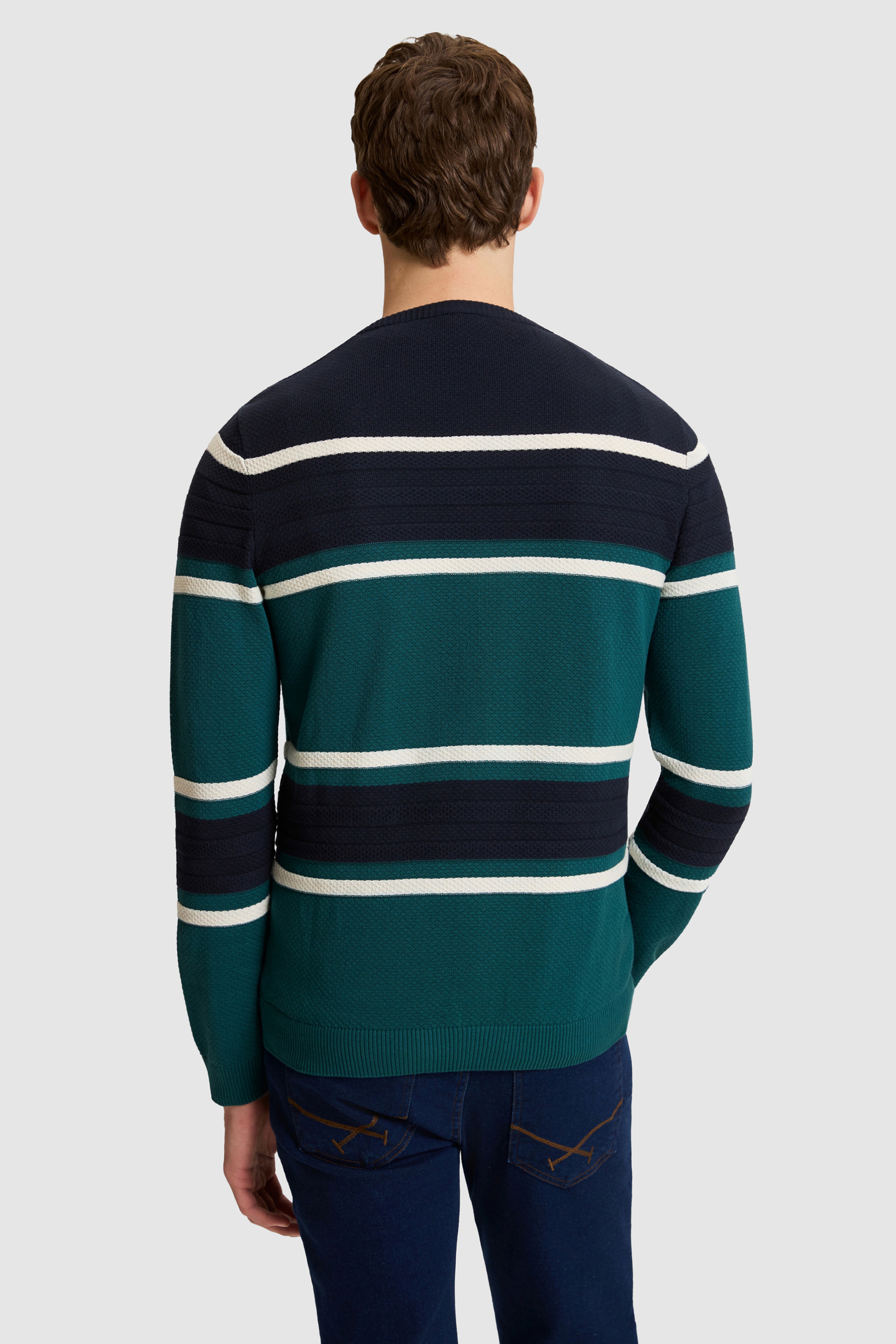 Erkek Yeşil Bisiklet Yaka Comfort Fit Çizgili Kazak