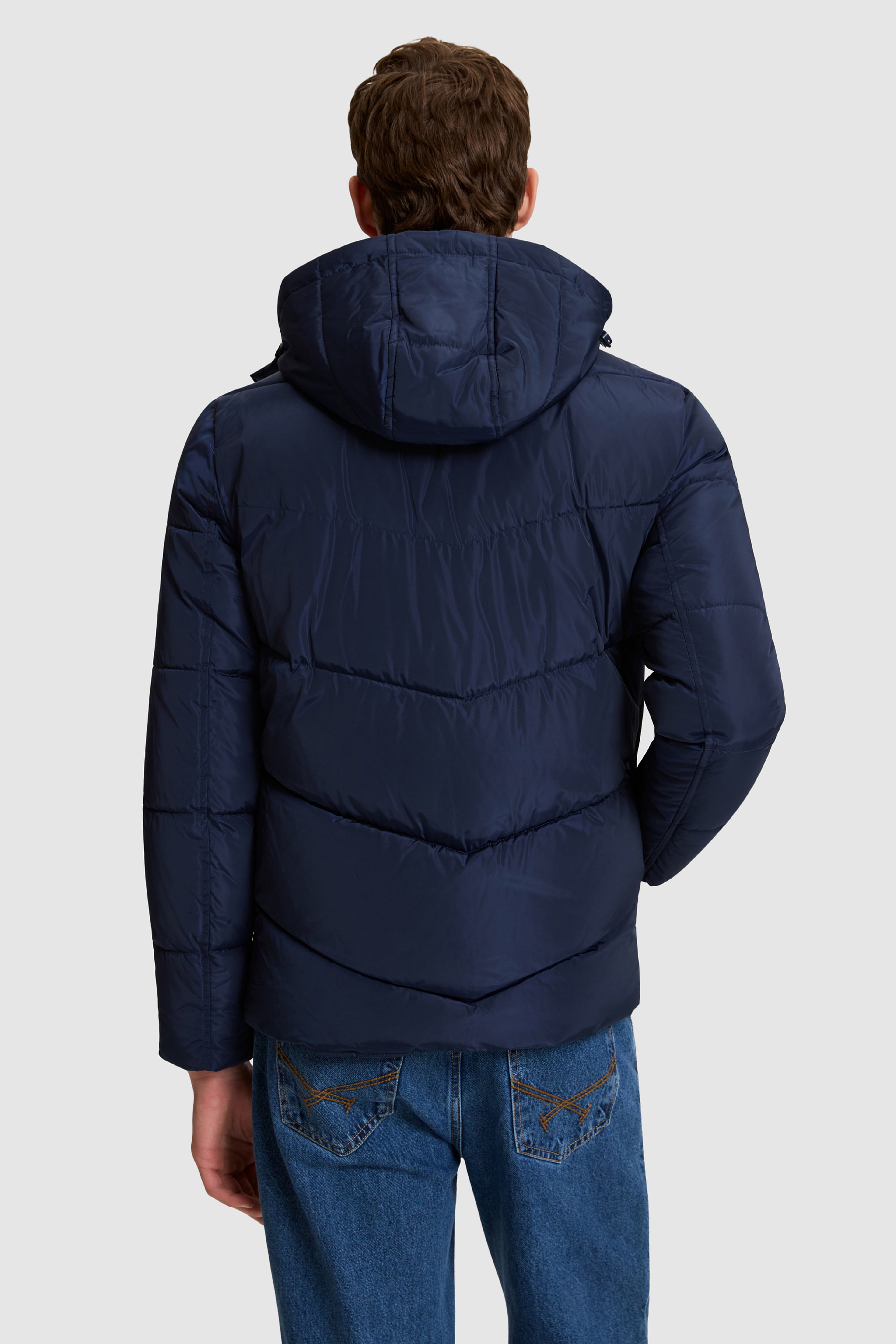 Erkek Lacivert Kapüşonlu Regular Fit Çıtçıtlı Kapaklı Cepli Şişme Mont