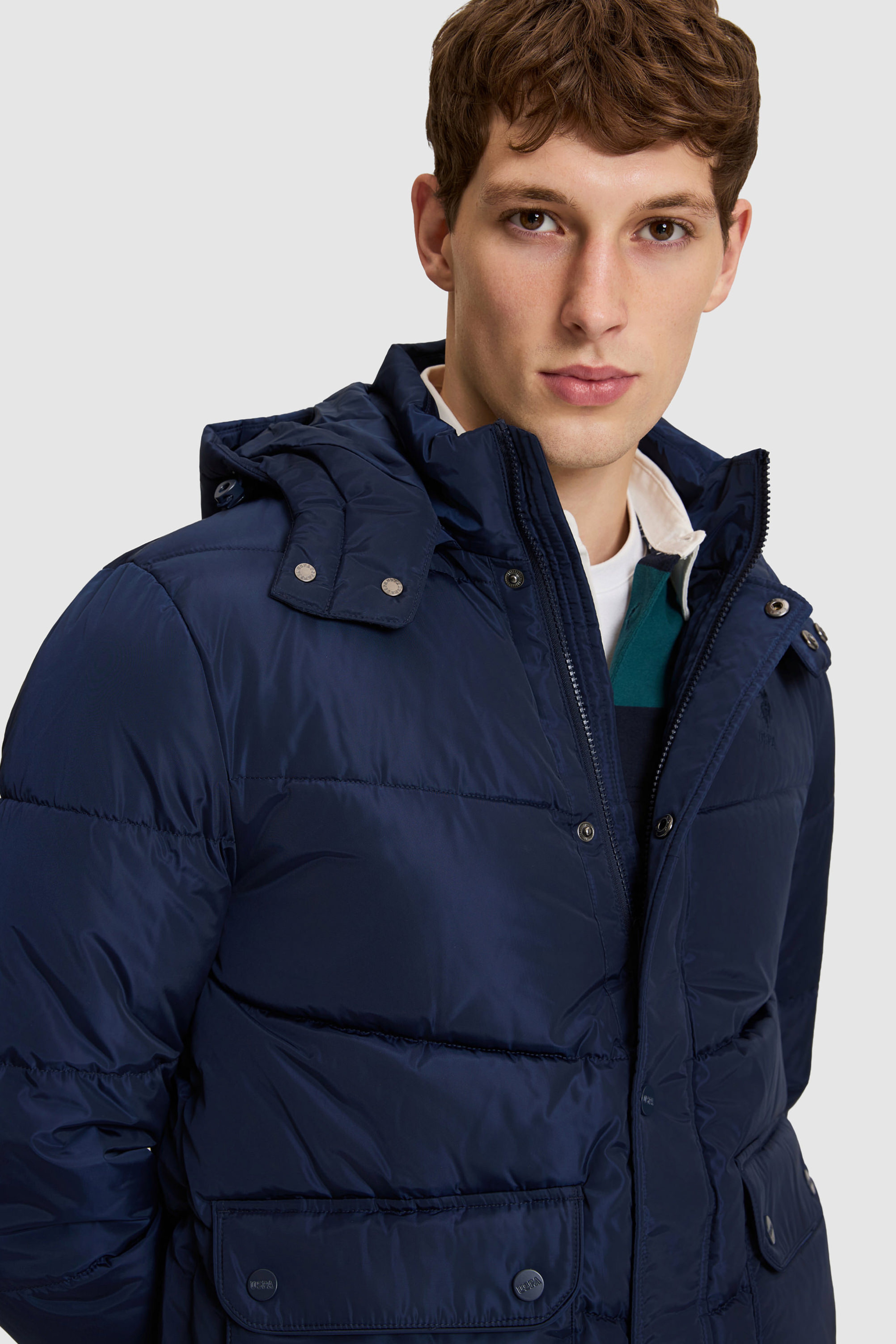 Erkek Lacivert Kapüşonlu Regular Fit Çıtçıtlı Kapaklı Cepli Şişme Mont