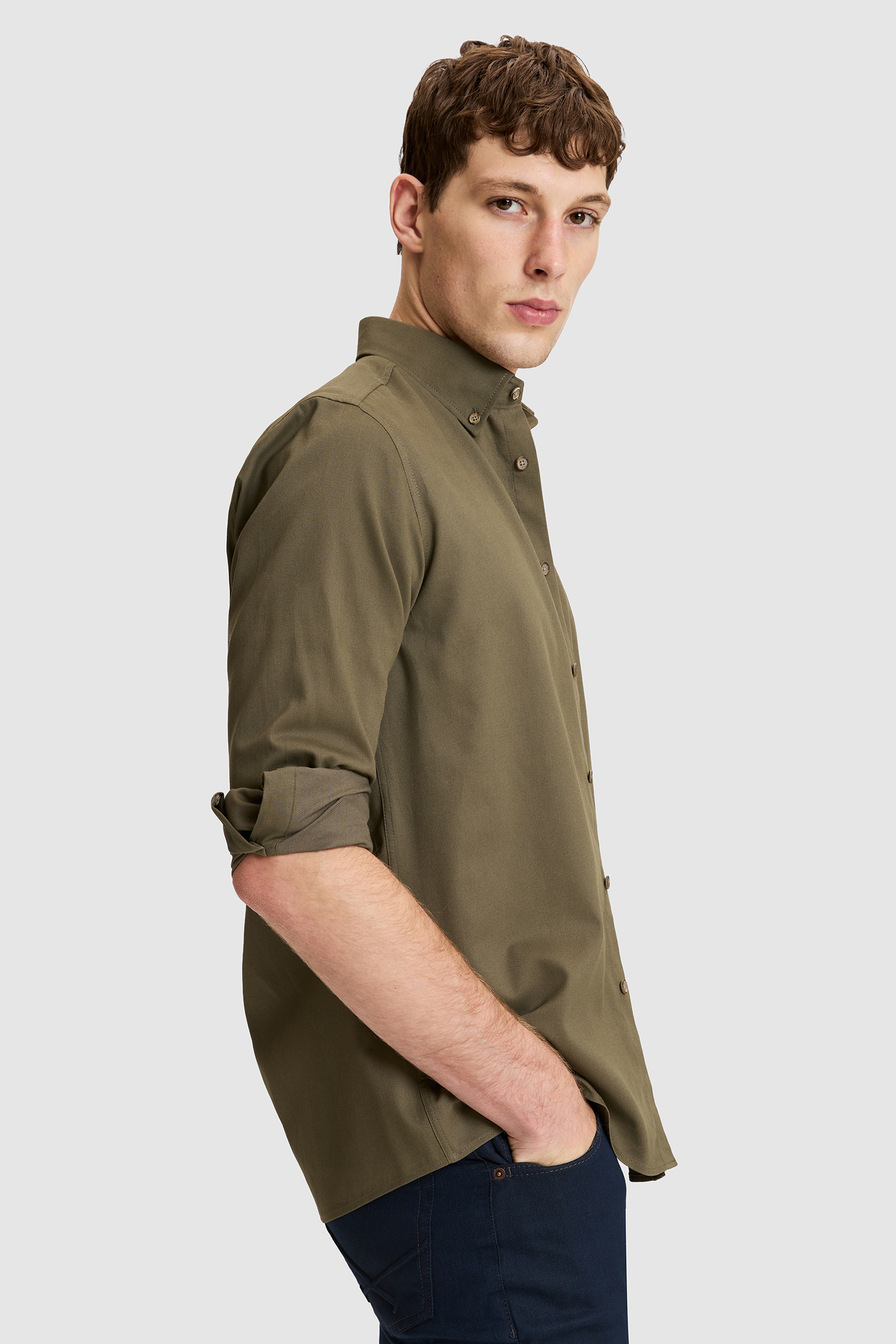 Erkek Haki Regular Fit %100 Pamuk Uzun Kollu Gömlek - Image 3
