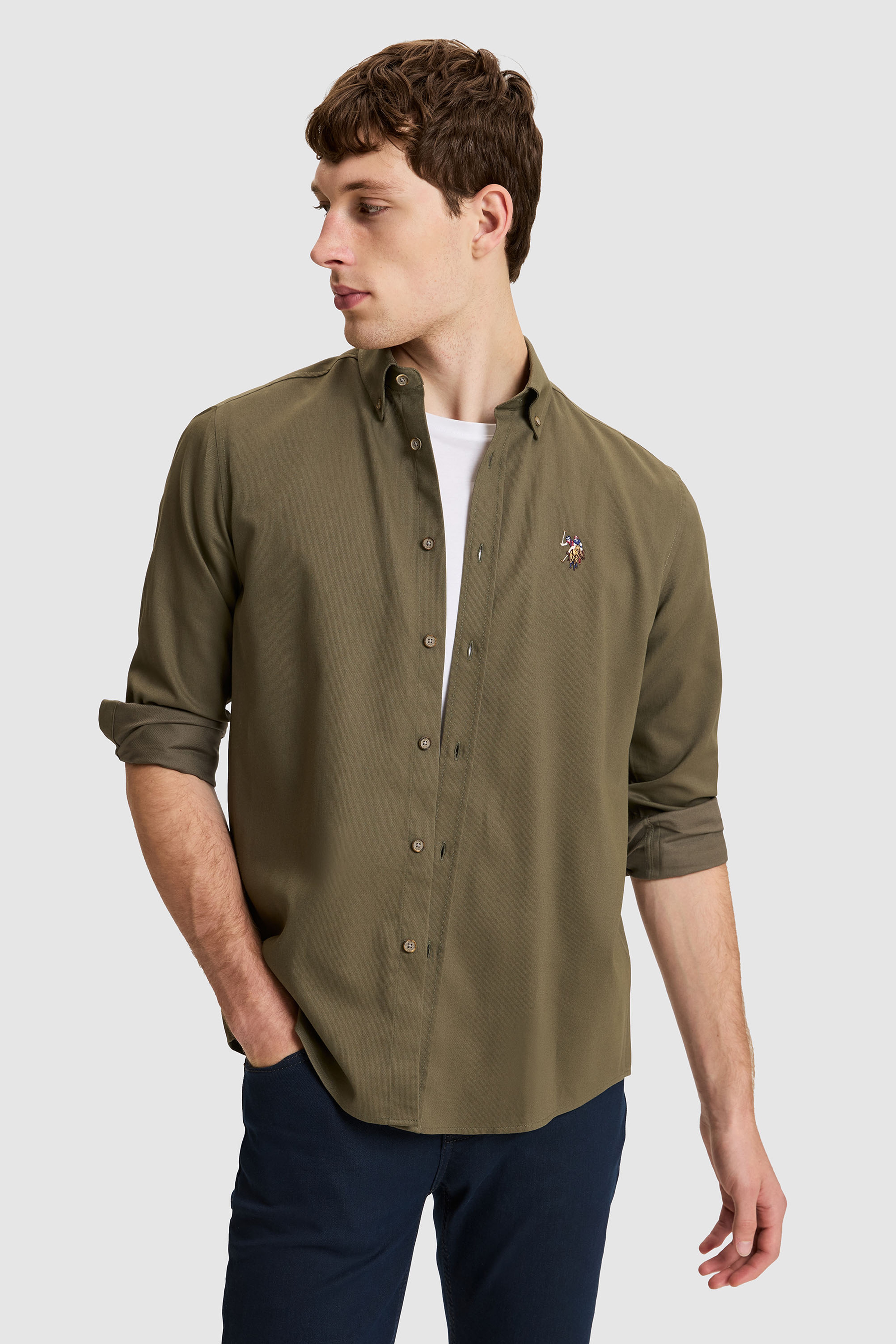Erkek Haki Regular Fit %100 Pamuk Uzun Kollu Gömlek - Image 1