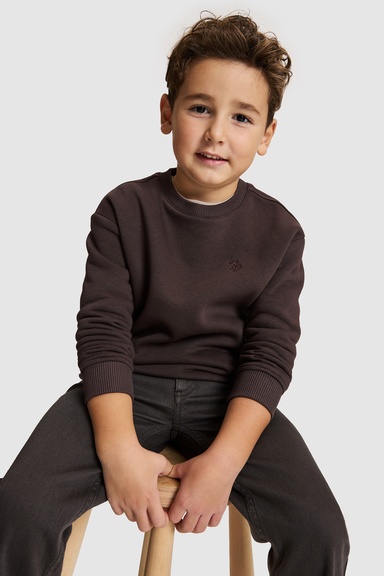 Erkek Çocuk Siyah Bisiklet Yaka Comfort Fit Logolu Düz Tasarım Sweatshirt
