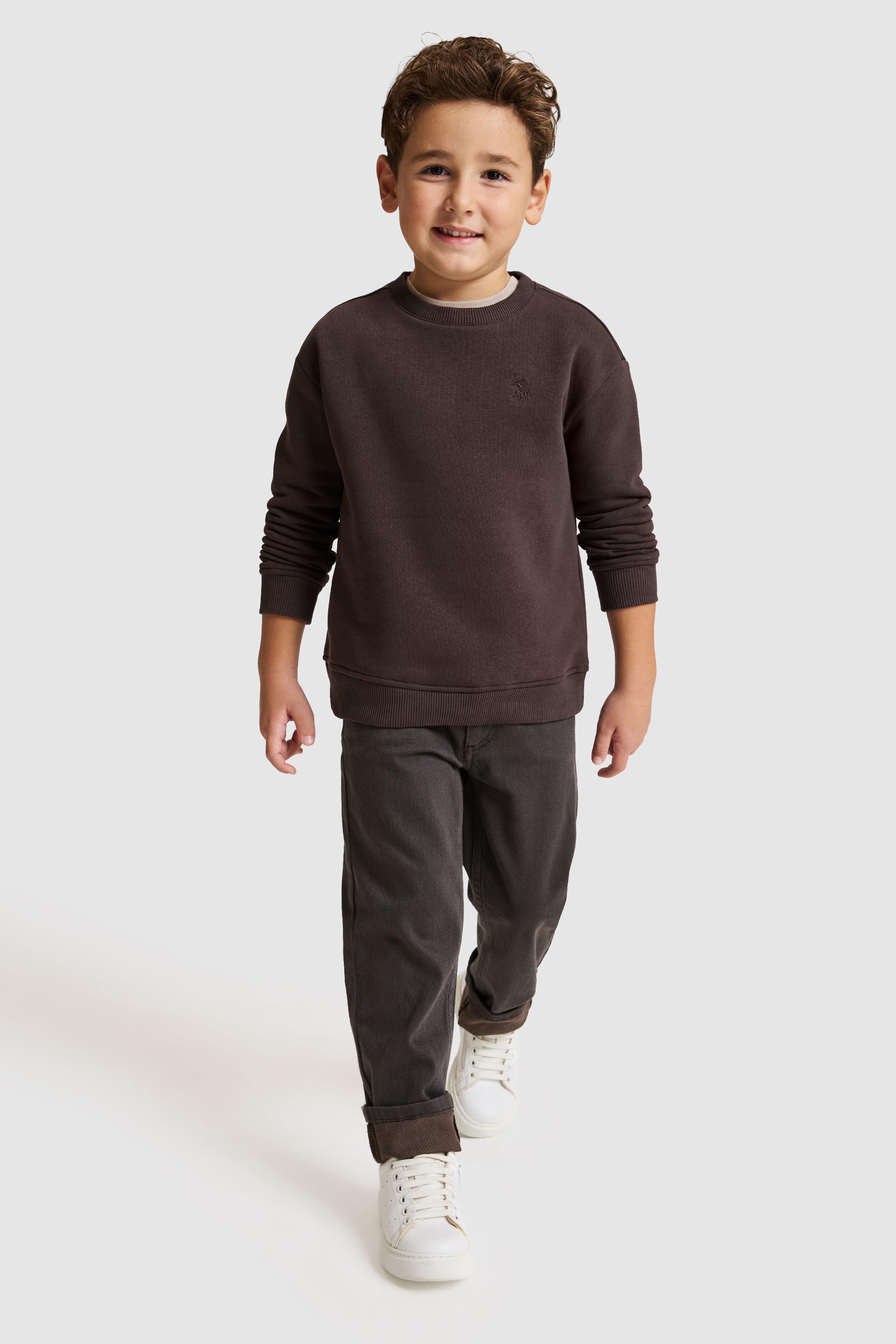 Erkek Çocuk Siyah Bisiklet Yaka Comfort Fit Logolu Düz Tasarım Sweatshirt
