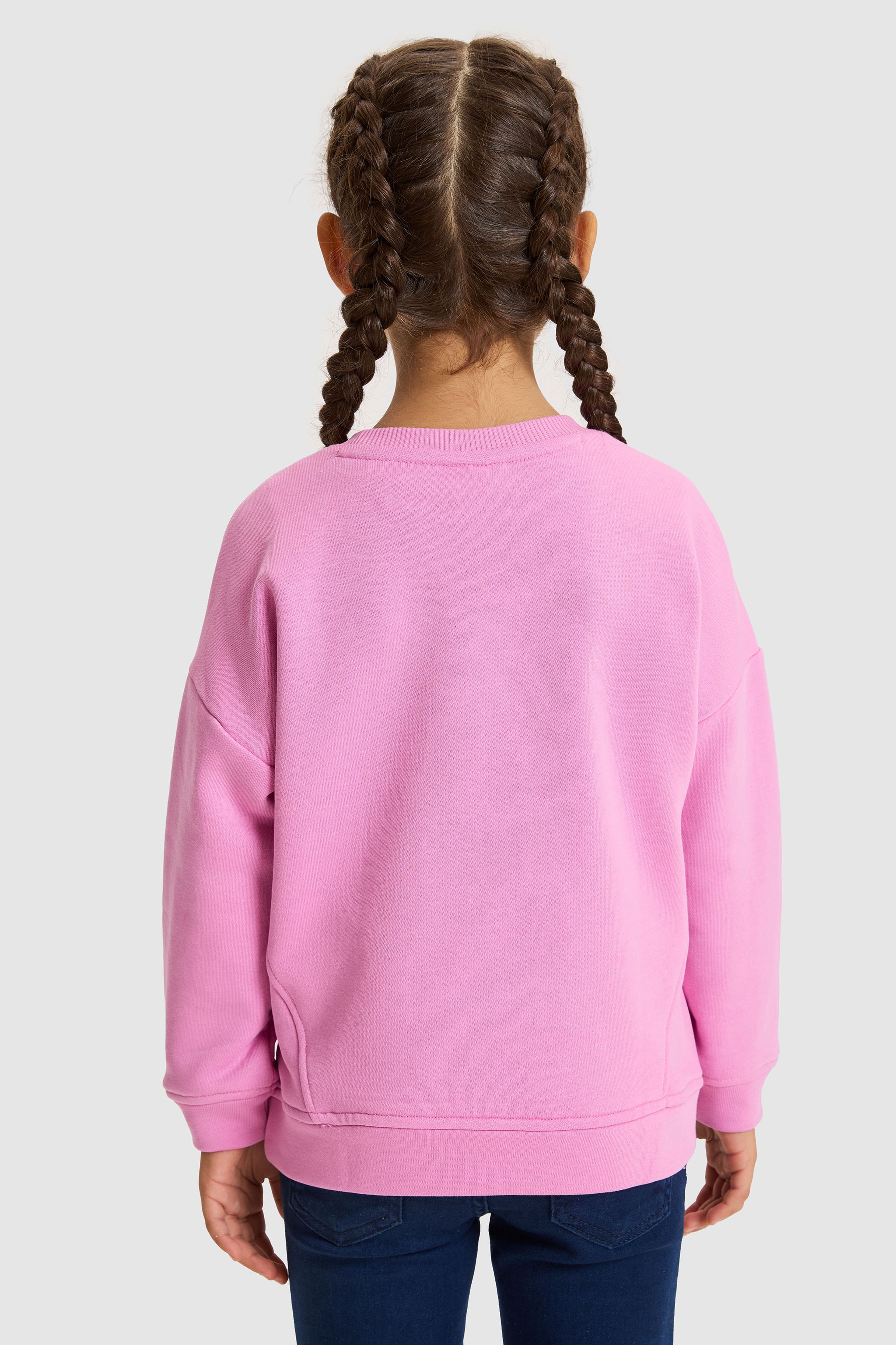 Kız Çocuk Pembe Bisiklet Yaka Oversize Fit Çiçek Motifli Nakış Detaylı Sweatshirt - Image 5
