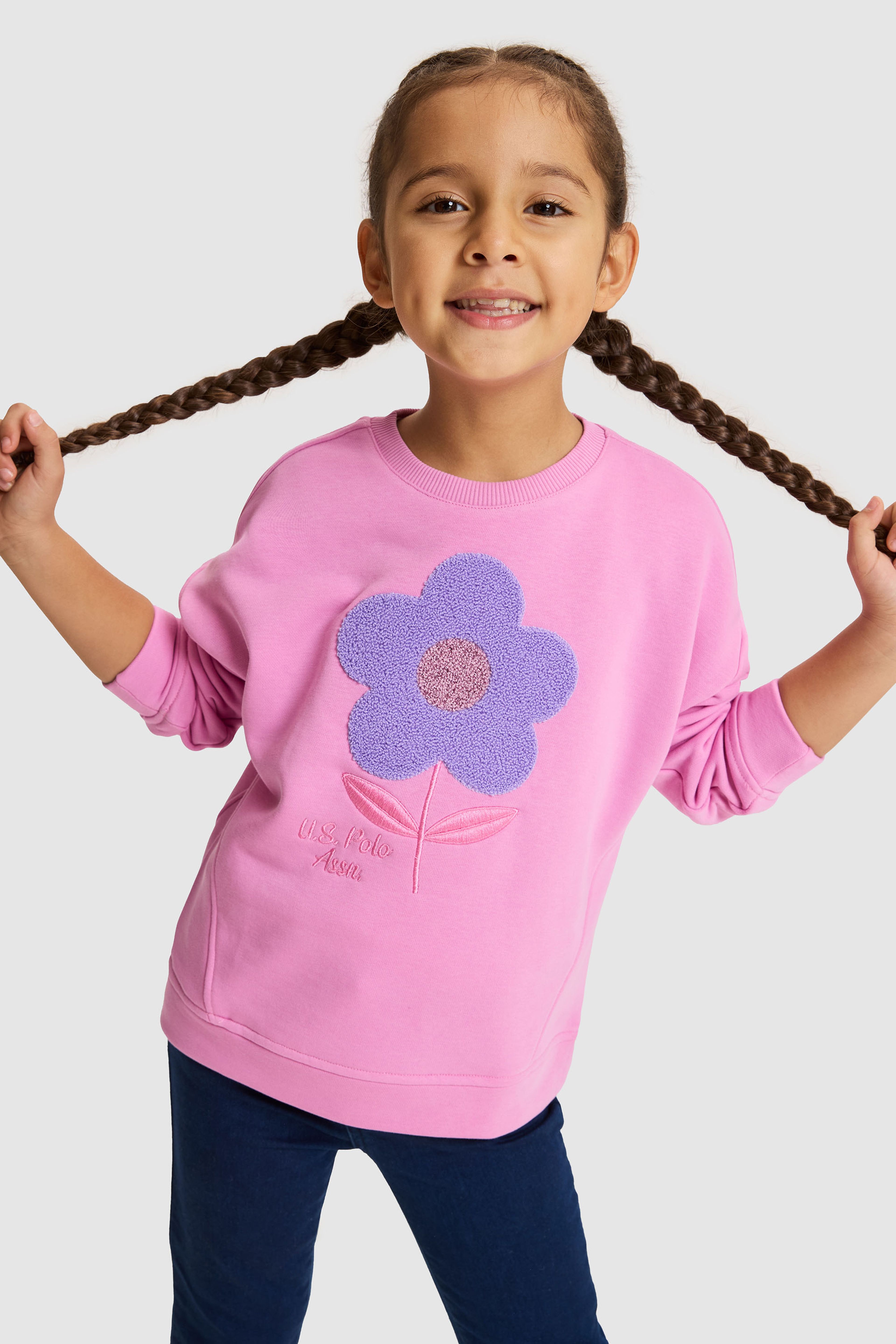 Kız Çocuk Pembe Bisiklet Yaka Oversize Fit Çiçek Motifli Nakış Detaylı Sweatshirt