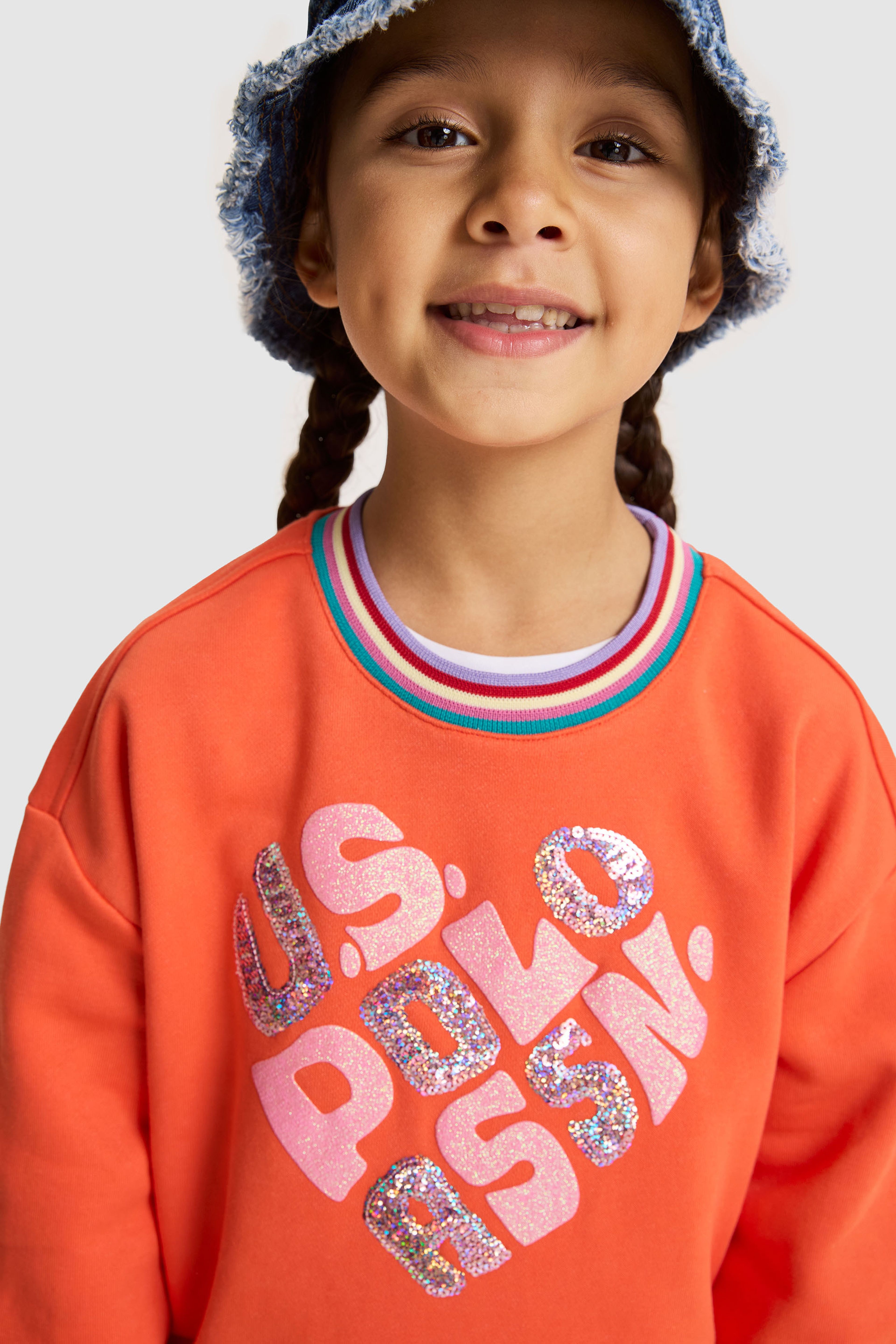 Kız Çocuk Turuncu Bisiklet Yaka Oversize Fit Çizgili Detaylı Pullu Sweatshirt