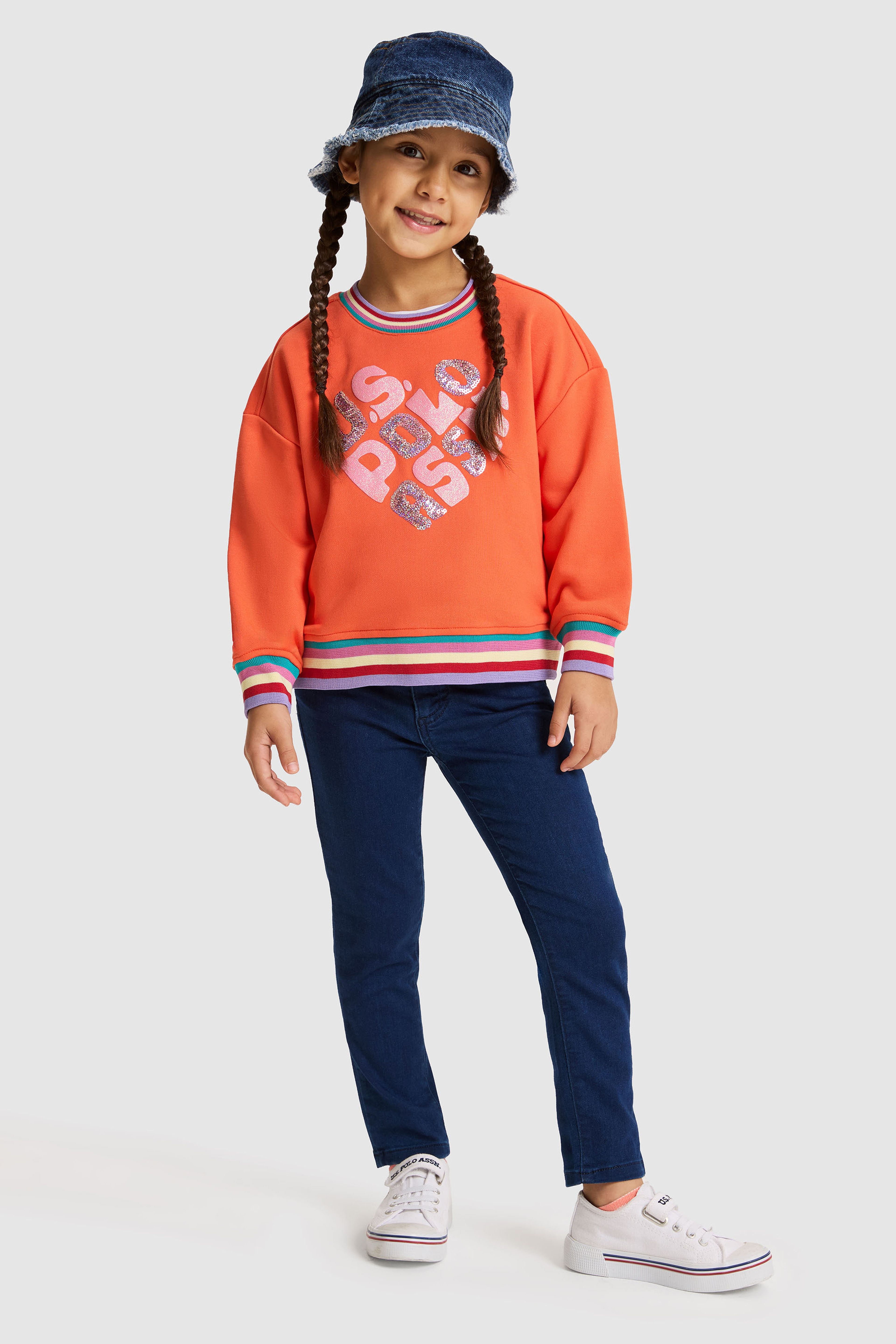 Kız Çocuk Turuncu Bisiklet Yaka Oversize Fit Çizgili Detaylı Pullu Sweatshirt