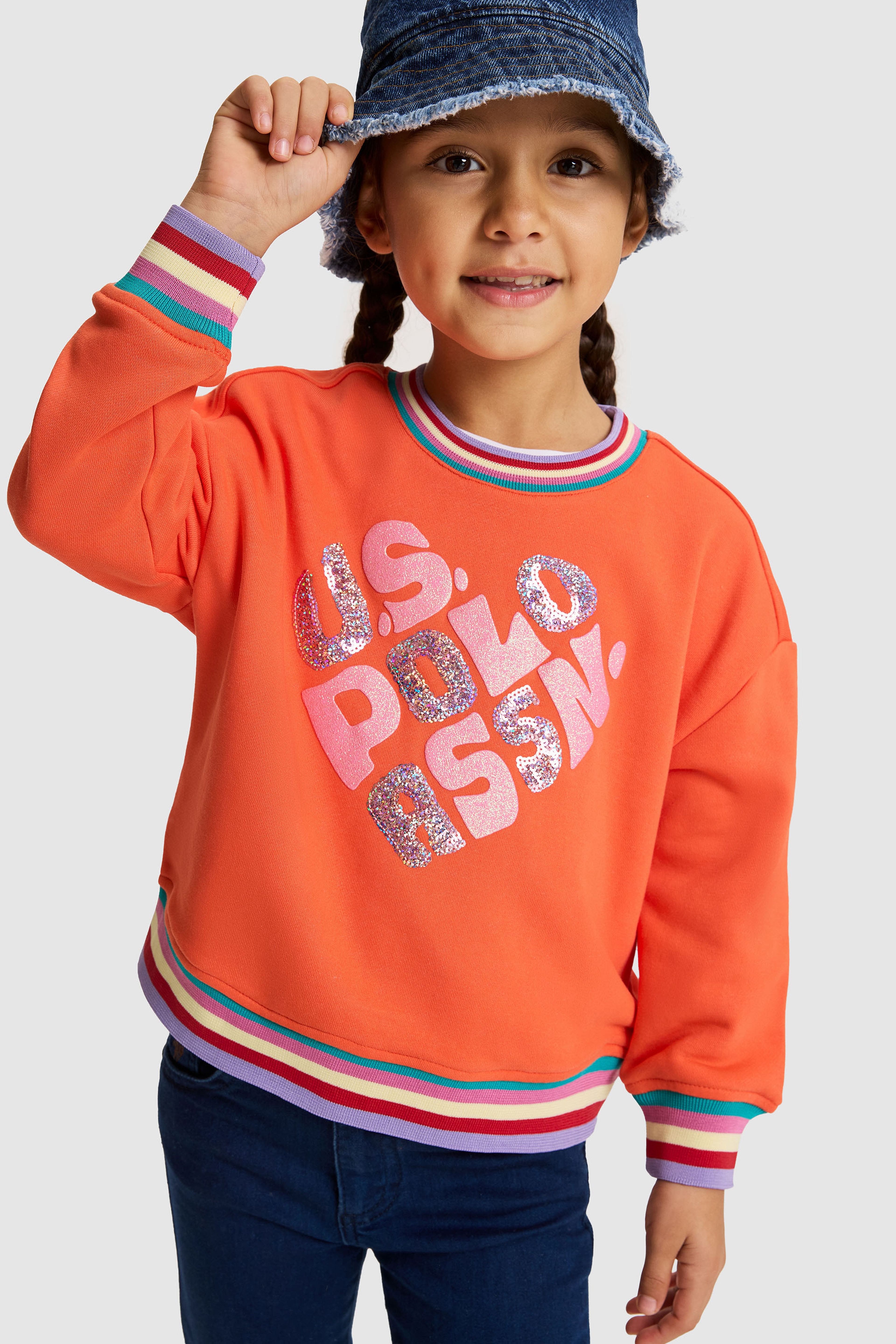 Kız Çocuk Turuncu Bisiklet Yaka Oversize Fit Çizgili Detaylı Pullu Sweatshirt - Image 1