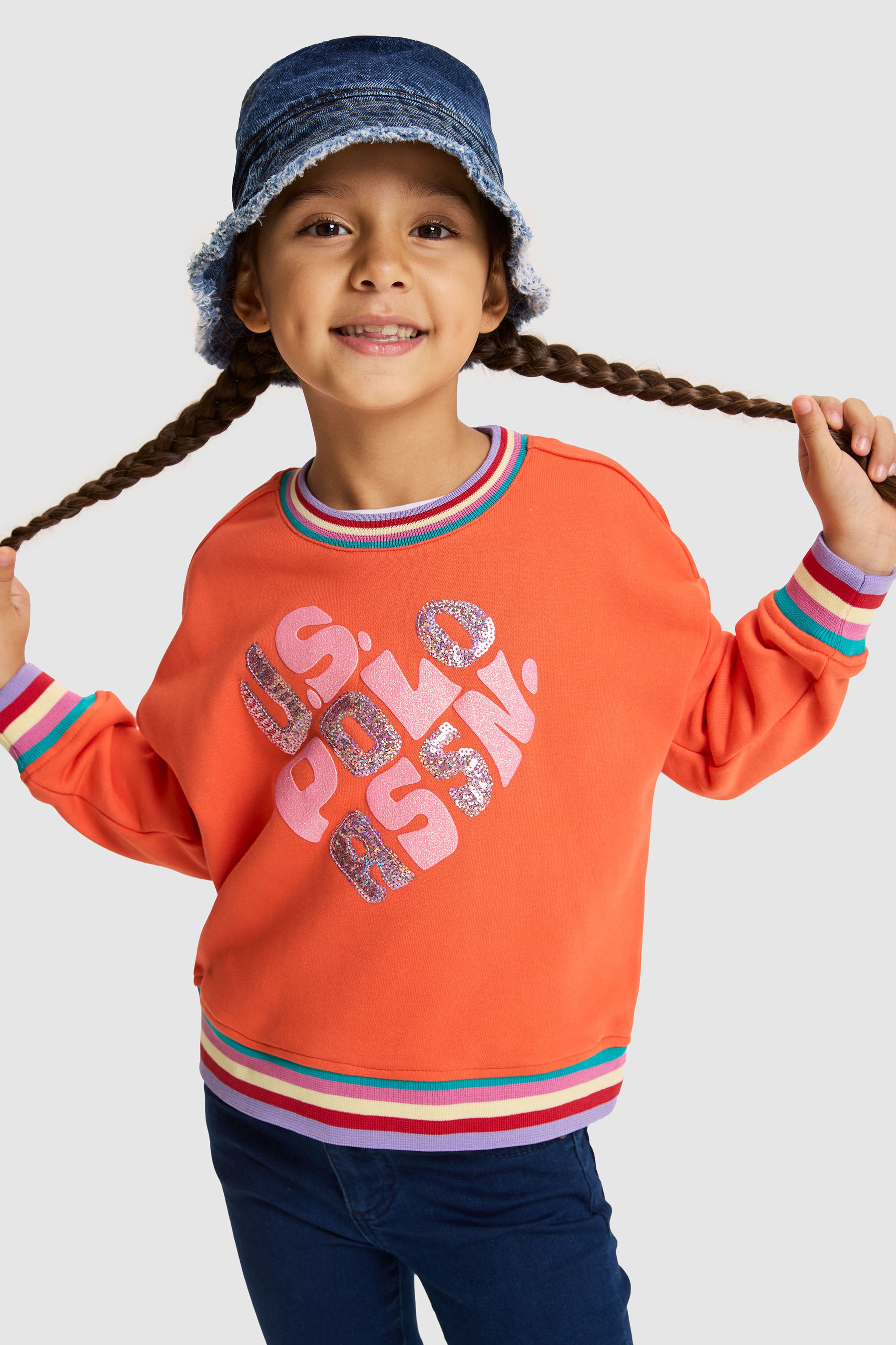 Kız Çocuk Turuncu Bisiklet Yaka Oversize Fit Çizgili Detaylı Pullu Sweatshirt